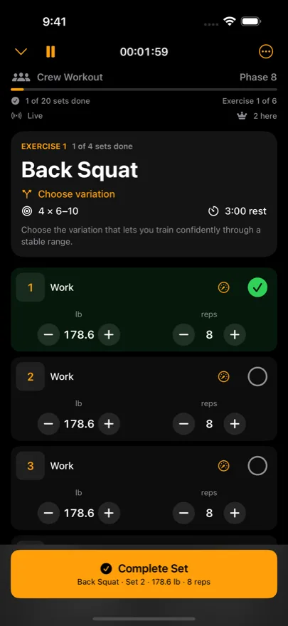 An active Crew Lift workout: Back Squat, four sets of 6–10 at 178.6 lb, the first set completed, a 1:18 rest timer running, and two crew members training live.
