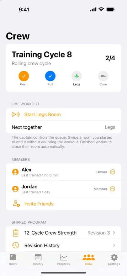 The Crew tab: Training Cycle 8 with Push and Pull complete, a Legs room ready to start, two members, and the shared 12-Cycle Crew Strength program at Revision 3.