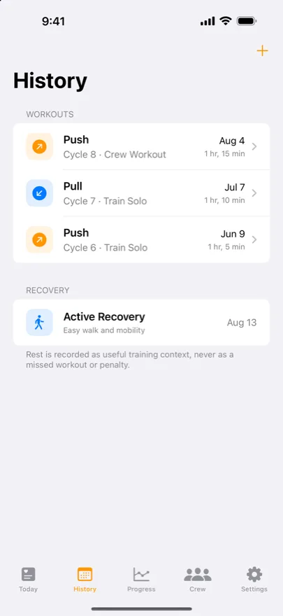 The History tab listing Push and Pull workouts across Cycles 6 to 8, and an Active Recovery day recorded as useful context rather than a missed workout.